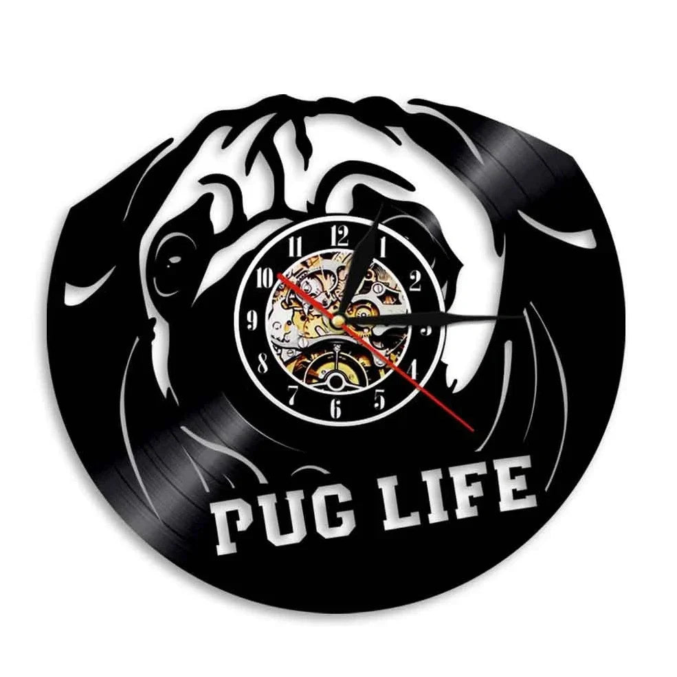30cm vinyl record wall clock with dog breed designs, silent quartz movement, and pre-installed hook