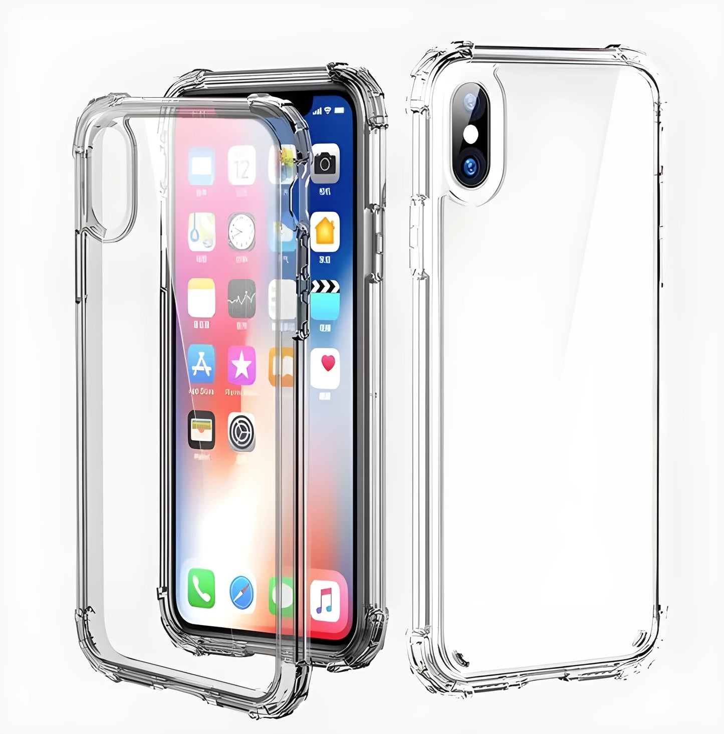 Clear TPU shockproof iPhone case on a smartphone, showing slim 0.8mm thickness and transparent design.