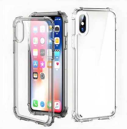 Clear TPU shockproof iPhone case on a smartphone, showing slim 0.8mm thickness and transparent design.