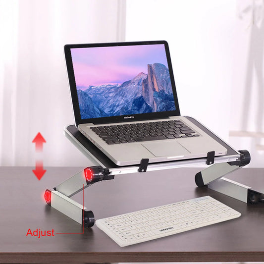 Adjustable foldable laptop stand in black and white, with 360-degree rotation and height adjustment