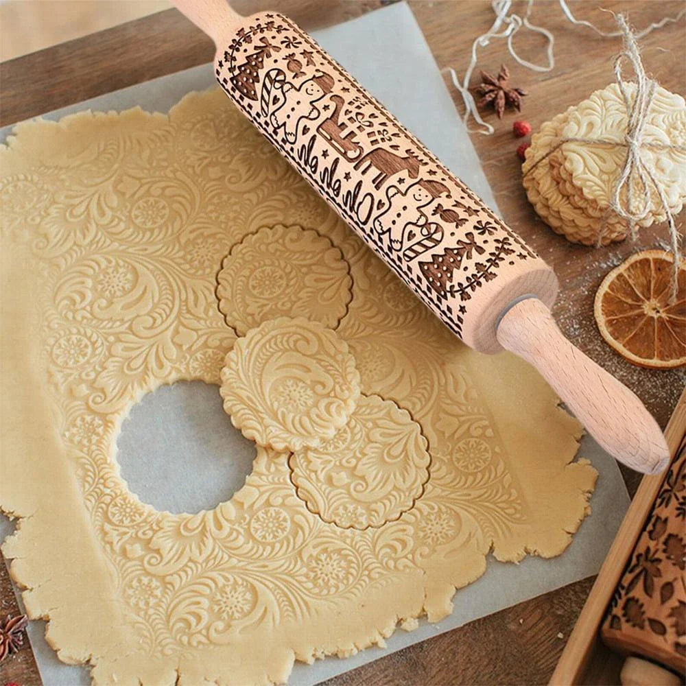 Beautifully engraved Christmas snowflake-patterned rolling pin for creating intricate designs on cookies, pastries, and soft candies