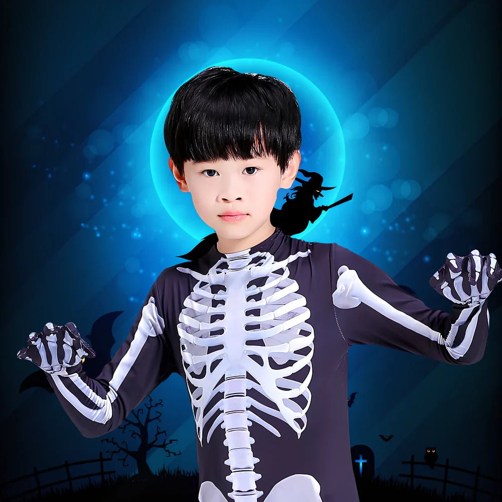 Black milk silk skeleton jumpsuit for males, 93% polyester 7% spandex, sizes 110-180, scary skull print for Halloween parties