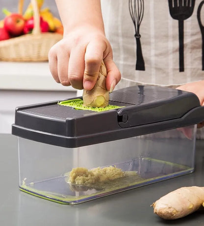 Multifunctional vegetable cutter with seven stainless steel blades on a food-grade plastic body.