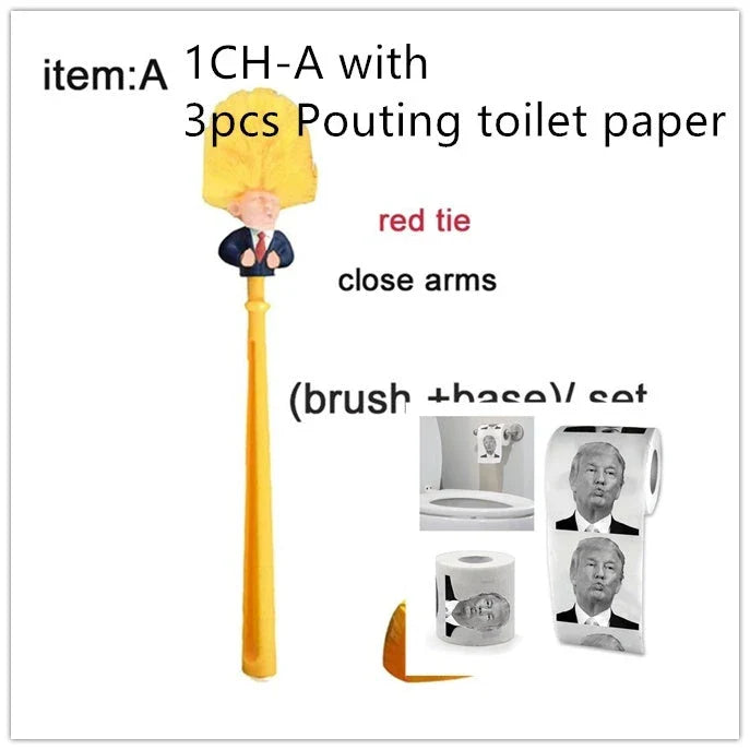 Comical Donald Trump-themed toilet brush made of durable plastic with a bold yellow color and convenient hanging slot