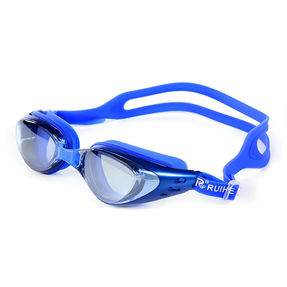 Anti-fog swimming goggles with UV-resistant mirror lenses and silicone straps in multiple colour options