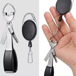 Stainless steel fishing pliers with black ABS plastic handle and quick knot tool