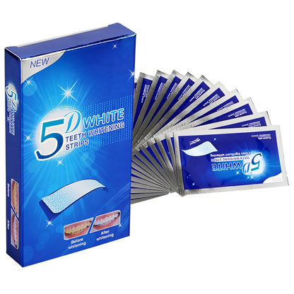 5D Gel Teeth Whitening Strips package showing flexible strips that mould to teeth with no-slip grip
