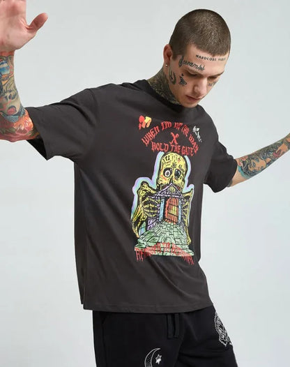 Men's frayed printed short sleeve cotton top in dark grey, loose round neck design, sizes M L XL