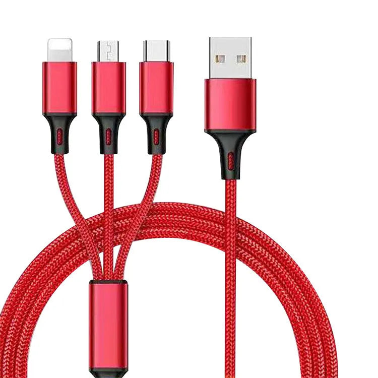Three-in-one charging cable with nylon braid in red, blue, gold, black, silver, and rose gold colour options.