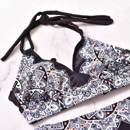 Printed split bikini in black, made with quick-drying nylon fabric for female swimmers