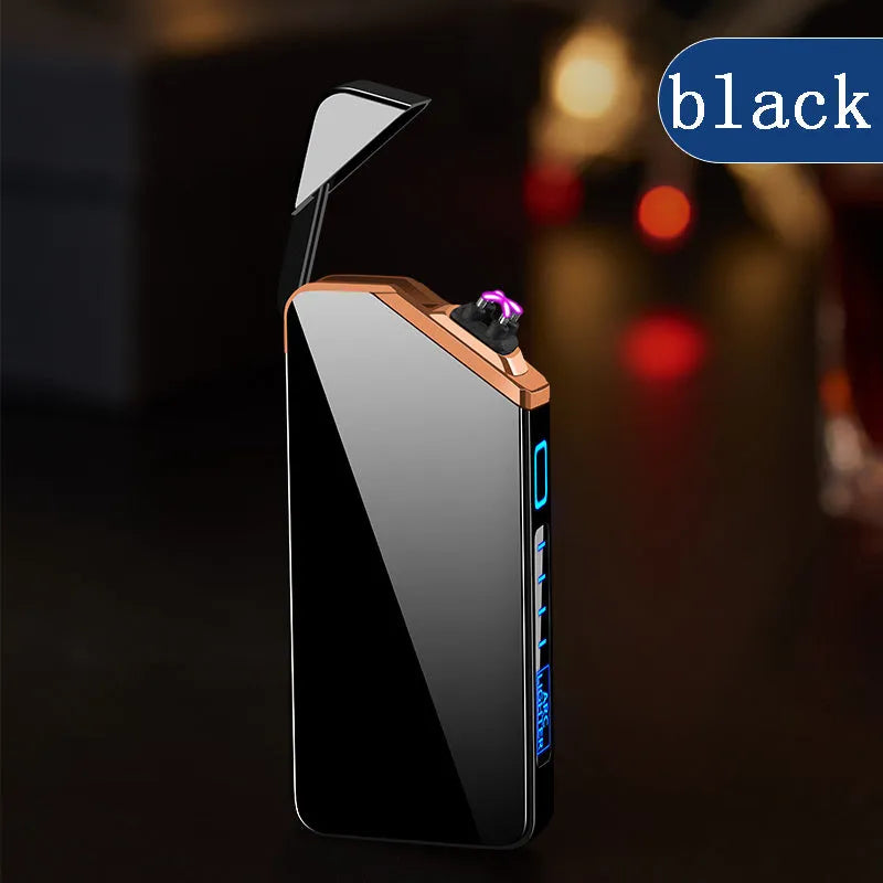 USB rechargeable double arc lighter in zinc alloy with ice noodle finish, 73x35x11mm, available in six colours