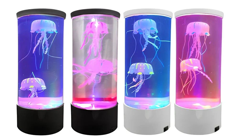 LED jellyfish aquarium lamp showing volcanic bubble effect with colour-changing lighting in black finish