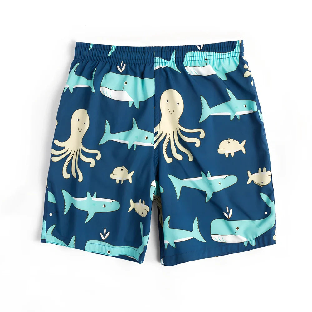 Children's quick-dry swimming trunks with cactus pattern, elastic waistband, boxer-style design
