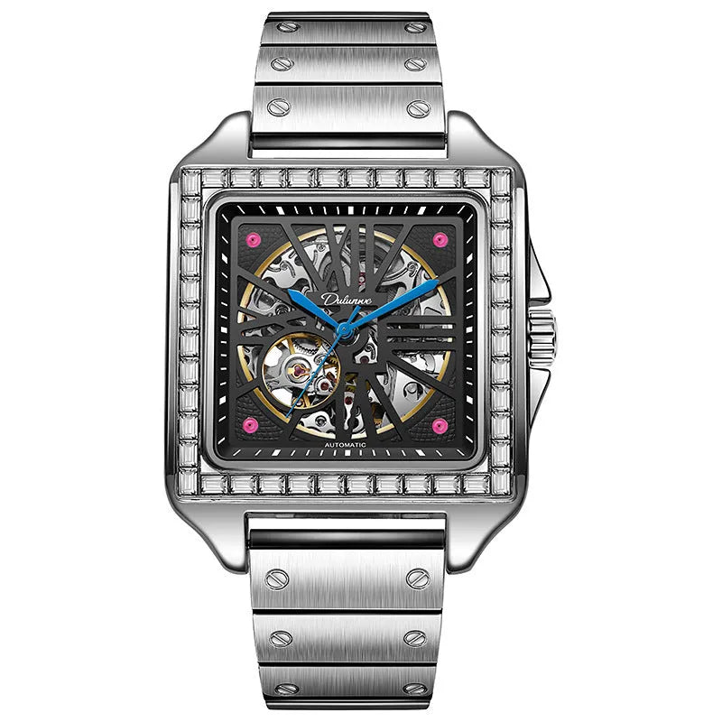 Square automatic watch with diamond-studded design on 6066A stainless steel belt for men's business wear