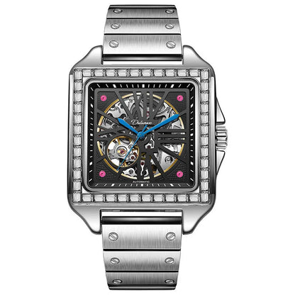 Square automatic watch with diamond-studded design on 6066A stainless steel belt for men's business wear