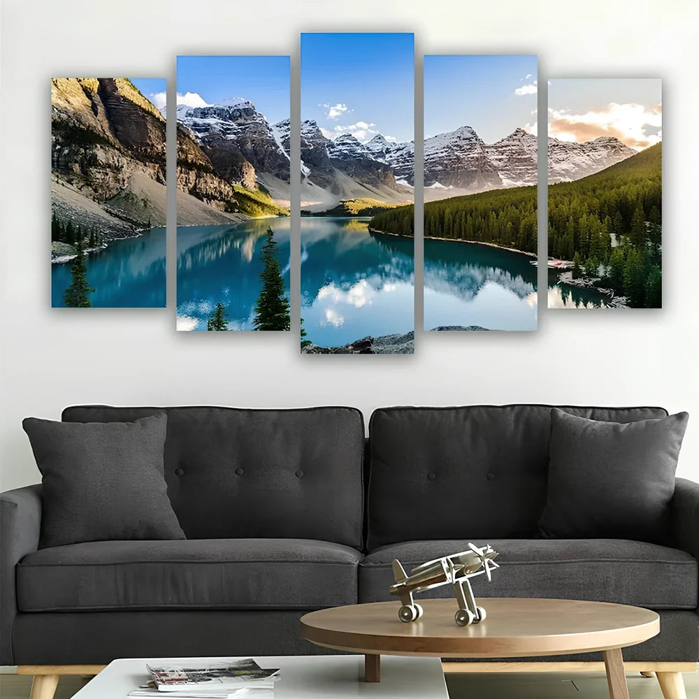 Five 40x60cm Moraine Lake mountain canvas panels arranged in modular wall display