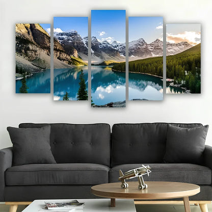 Five 40x60cm Moraine Lake mountain canvas panels arranged in modular wall display