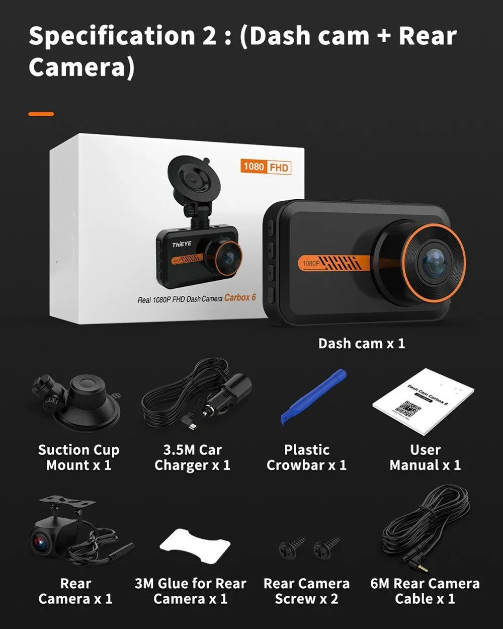 ThiEYE front and rear dash cam with 3-inch screen, suction cup mount, and rear waterproof camera.