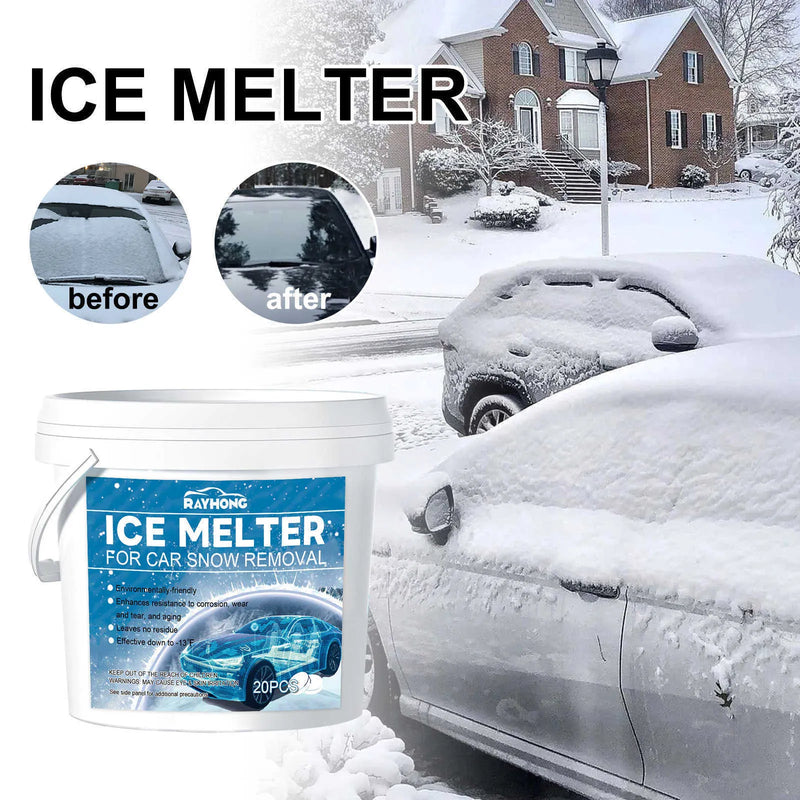 Car Glass Deicing Defrost Fast Winter Tablet, 20PCs Pack of Effervescent Snow Melting Tablets for Quick Ice Removal on Car Windscreens and Windows, Contains Chlorine Salt and Bio-Polyol Formula, 12.7cm x 12cm Packaging