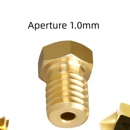 Brass 3D printer nozzle with M6 thread showing different outlet aperture sizes on a white background.