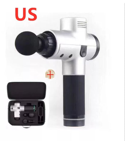 Relax Tissue Deep Muscle Massage Gun with 4 interchangeable heads on a white background