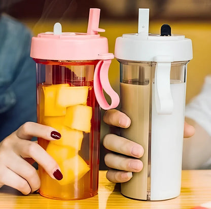 Double tube water bottle showing capacity options and colour choices including blue, green, pink, and white
