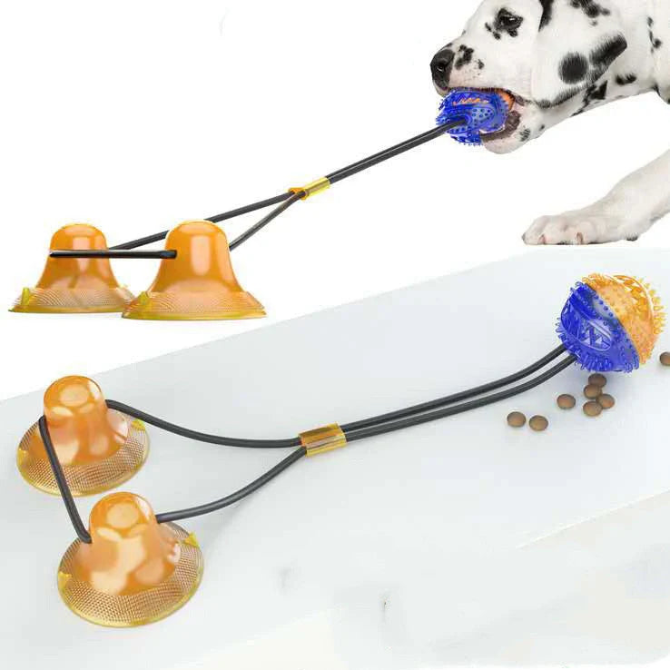 Blue suction cup pet toy with 28.5-inch length and 3.15-inch ball for dogs and cats