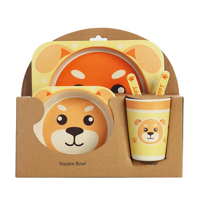 5-piece eco-friendly bamboo fiber children's tableware set with animal designs, including plate, bowl, cup, fork, and spoon