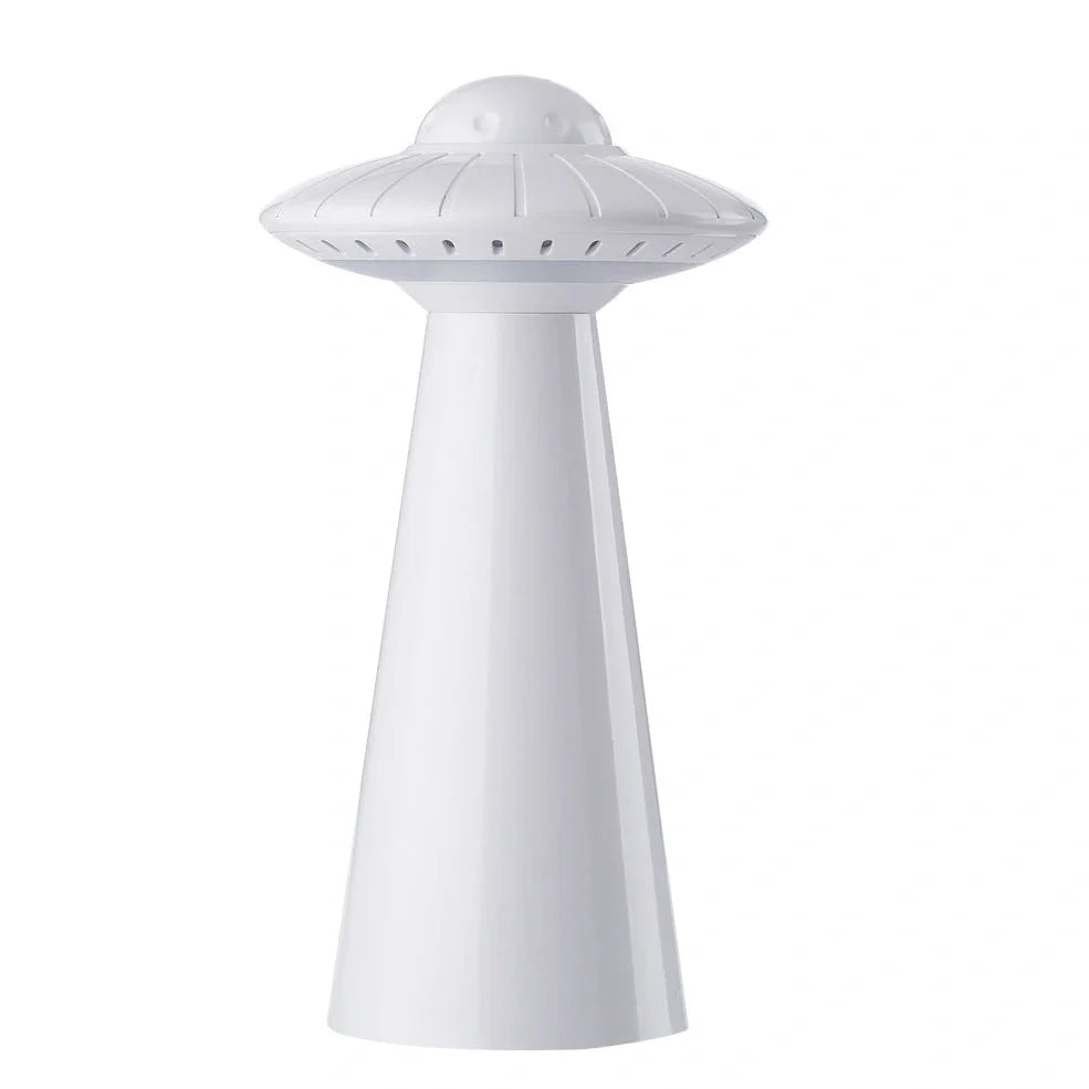 White UFO-shaped desk lamp with USB charging port and push-button switch