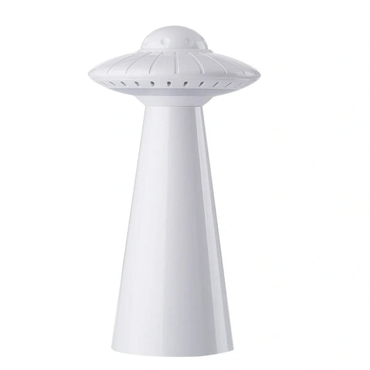 White UFO-shaped desk lamp with USB charging port and push-button switch