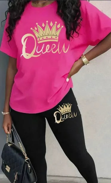 Crown and letter print polyester top and leggings set in royal blue, hot pink, and black