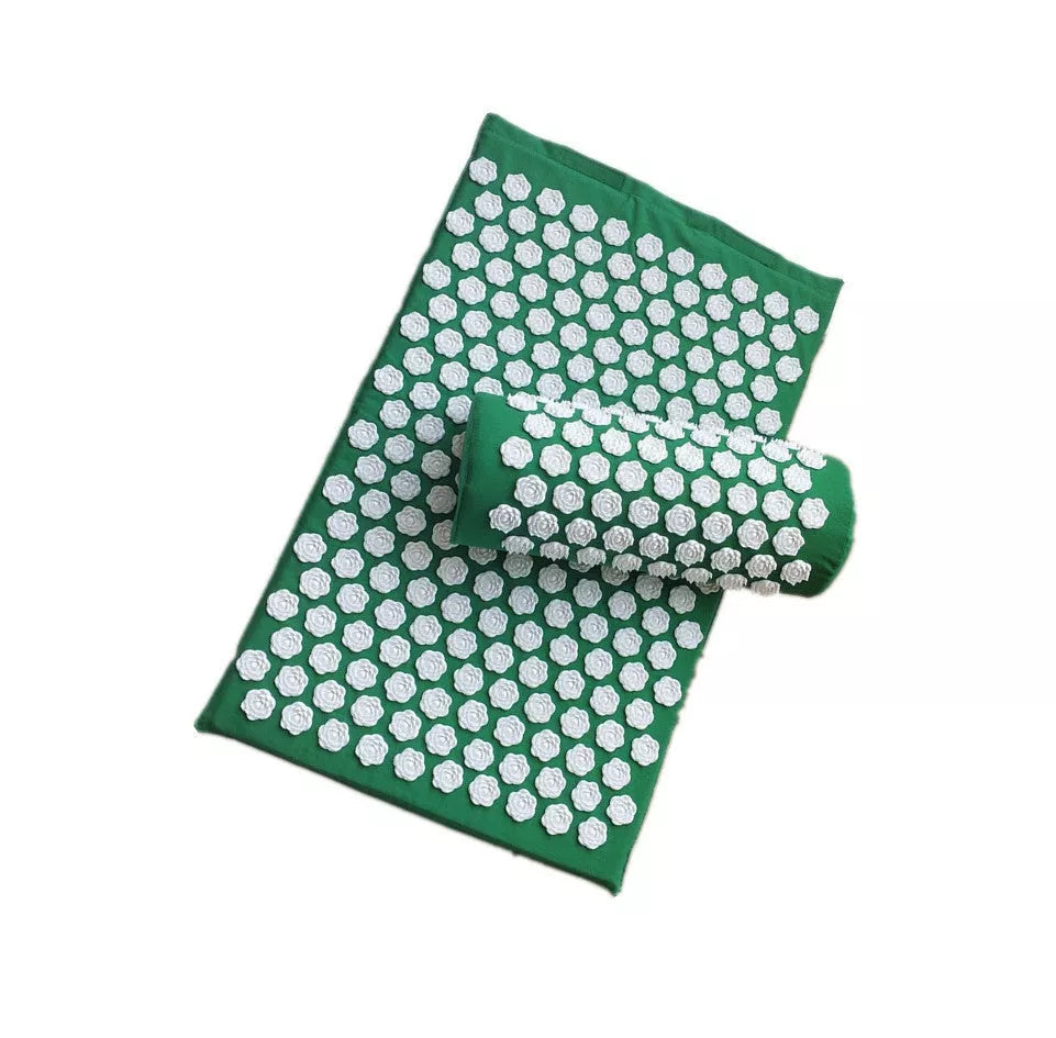 Acupuncture yoga cushion and pillow set with 210 pins for muscle relief, available in multiple colors.