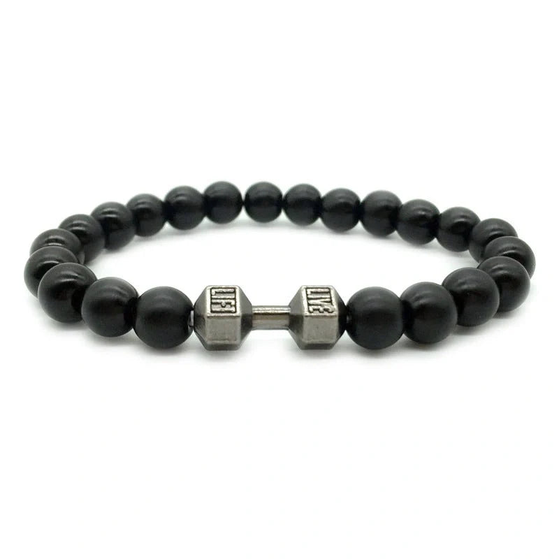 Men's fitness fashion bracelet with alloy dumbbell and lava rock beads, 18cm length, 20g weight