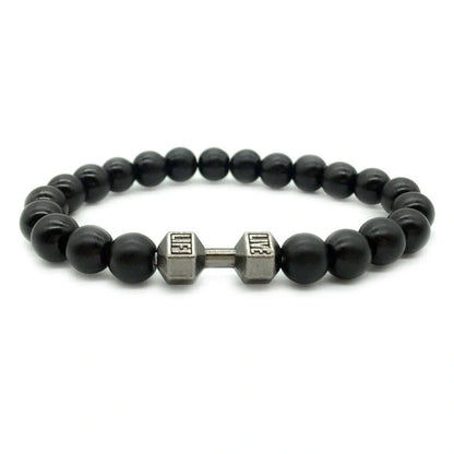 Men's fitness fashion bracelet with alloy dumbbell and lava rock beads, 18cm length, 20g weight