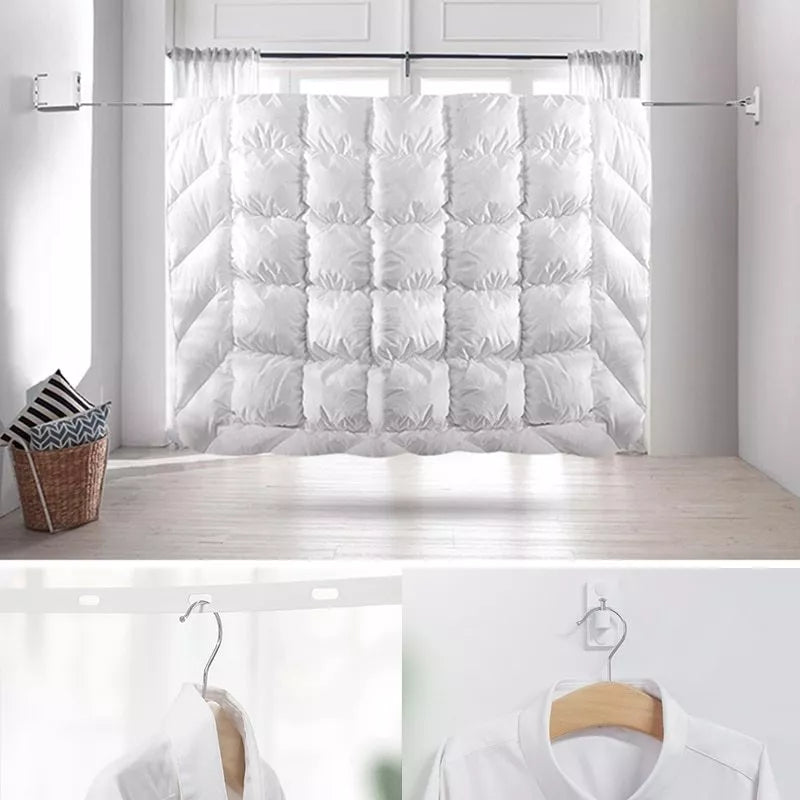 Telescopic balcony clothesline with white TPU rope and hanger holes for efficient drying