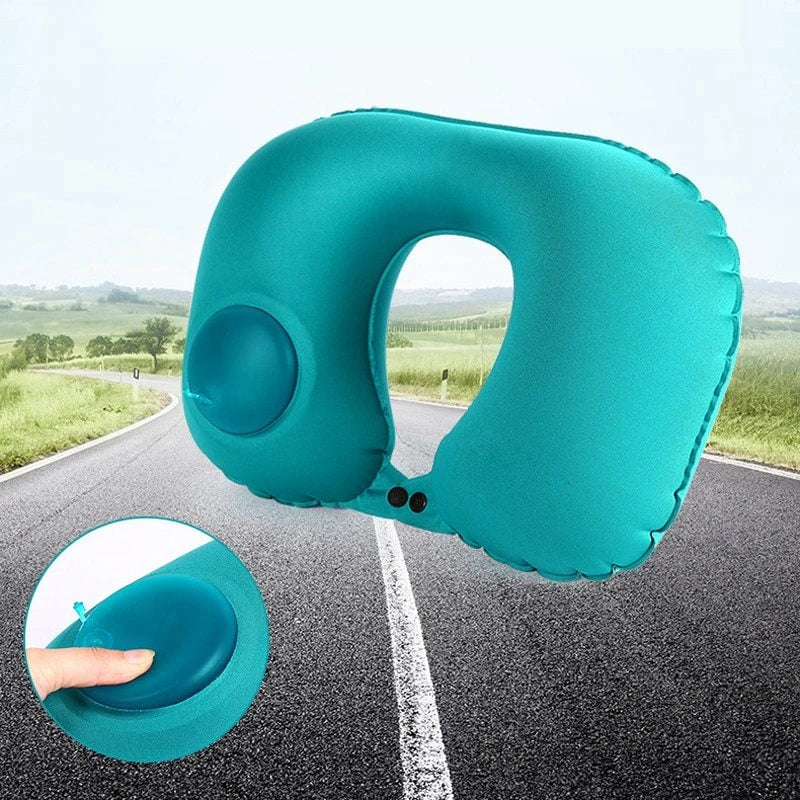 Inflatable U-shaped travel pillow with built-in air valve for customizable comfort and neck support during flights and car travel