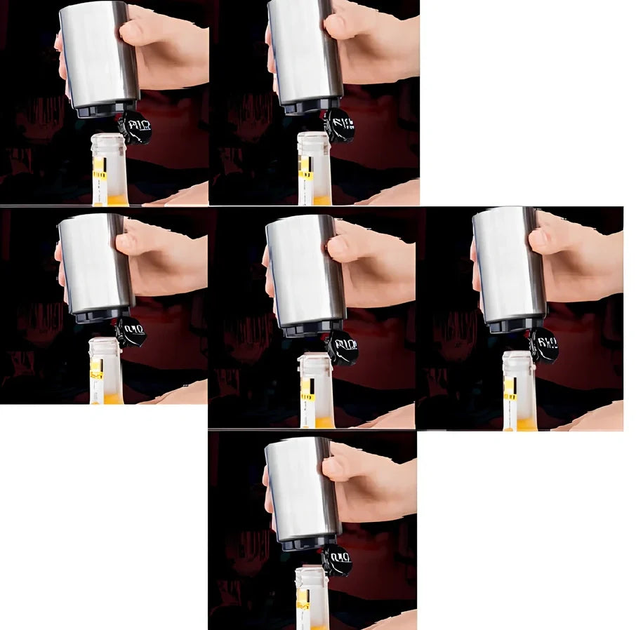 Stainless steel automatic press bottle opener with titanium-plated finish showing press mechanism and textured handle