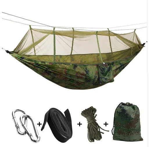 Lightweight and portable parachute hammock with mosquito net for outdoor relaxation