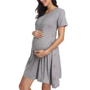 Maternity short sleeve button solid dress in black, grey, and blue