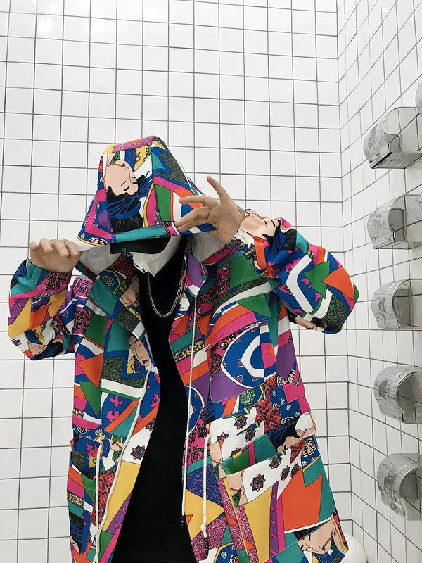 Graffiti Trench Coat in 100% cotton with unique urban design, available in multiple sizes