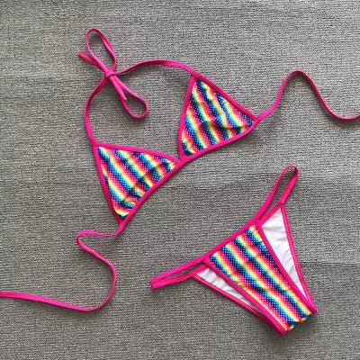 Rainbow striped bikini set with chest pad for swimming and dance sports
