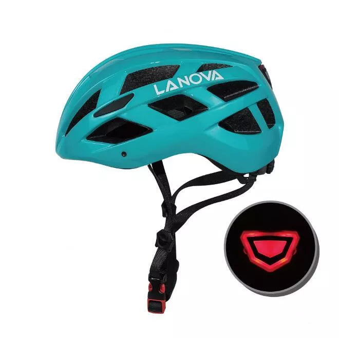 Unisex bicycle helmet with integrated safety light in matte black, fluorescent green, purple, and white
