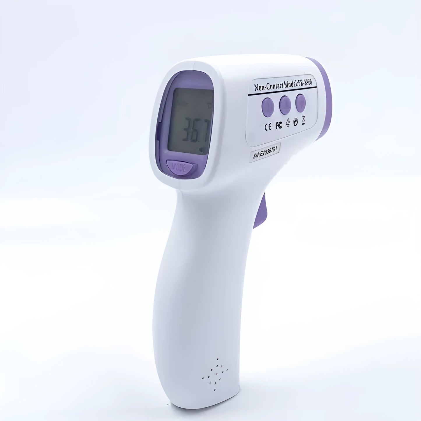 White digital infrared thermometer with LCD screen displaying temperature and colour-coded fever alert.