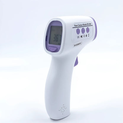 White digital infrared thermometer with LCD screen displaying temperature and colour-coded fever alert.