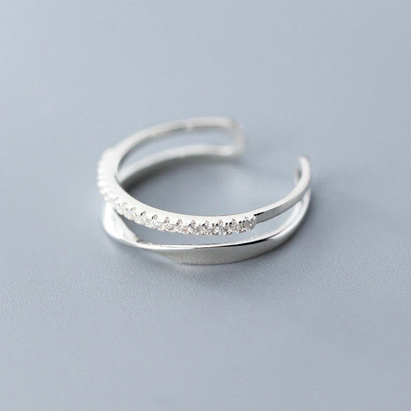 Adjustable twisted double-row silver ring with unique Korean-inspired design