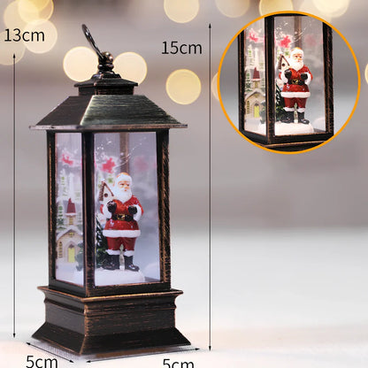 Compact 13cm Christmas LED flame small oil lamp in snowman motif on wooden shelf, square plastic base with flickering electronic light