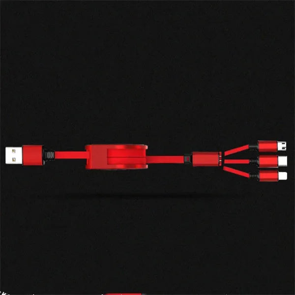 Black telescopic 3-in-1 charging cable extended to 120cm with three connector ends visible.