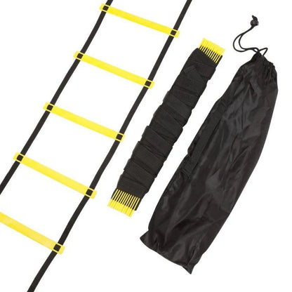 Bright yellow agility training ladder with adjustable rungs and carrying bag