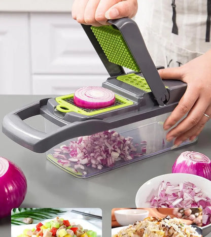 Multifunctional vegetable cutter with seven stainless steel blades on a food-grade plastic body.