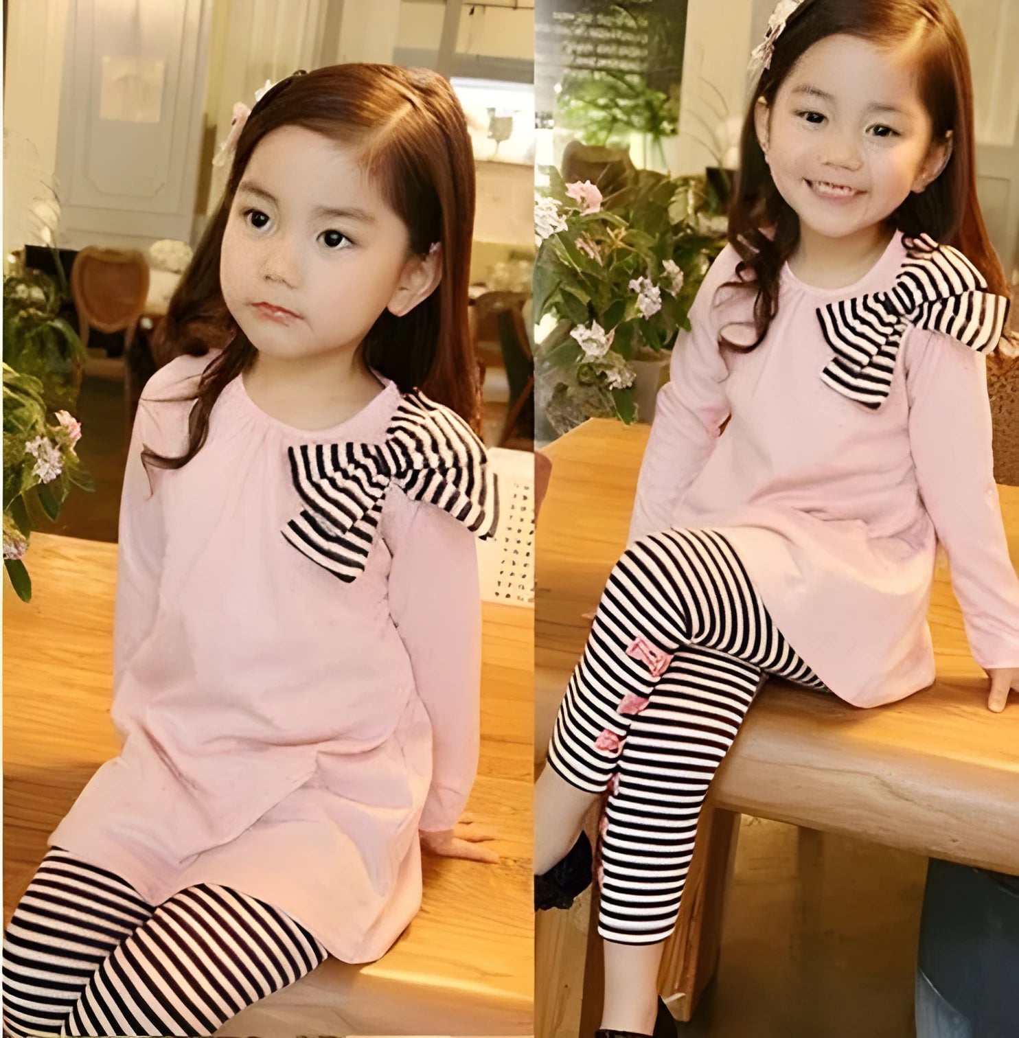 Pink cotton girls clothing set shown in sizes for child heights 110cm to 140cm.